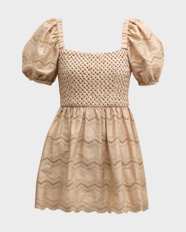 Casandra Puff-Sleeve Smocked Eyelet Mini Dress